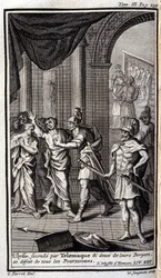 Ulysse secondé par Télémaque et deux de leurs bergers dispersent tous les poursuivants. Illustration pour le livre XXII de l