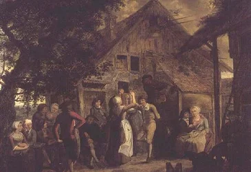 Villageois faisant la fête devant une ferme