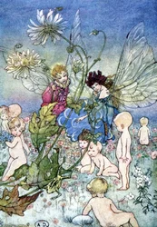 Femme-libellule (fée) et elfe entourés de bébés - dans « My Fairyland » de Fiona Malcom, ill. Florence Anderson