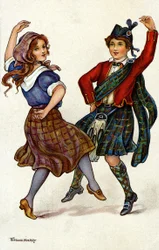 Couple dansant en costume traditionnel écossais. Chromolithographie par Florence Hardy
