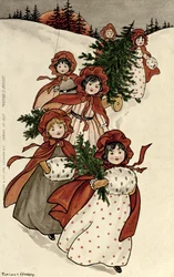 Petites filles avec du houx et le sapin de Noël