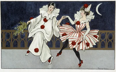 Pierrot et Colombine dansant au clair de lune - dessin de Florence Hardy, début du XXe siècle