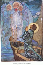 Trois anges portent le Saint Graal (Sir Galahad) (lithographie couleur)