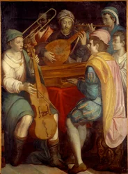 Concert de musiciens jouant du luth, épinette, trombone et viole de gambe