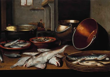 Intérieur de cuisine avec poissons et ustensiles sur une table