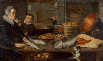 Nature morte de cuisine avec une servante nettoyant du poisson à une table et un garçon tenant une pomme