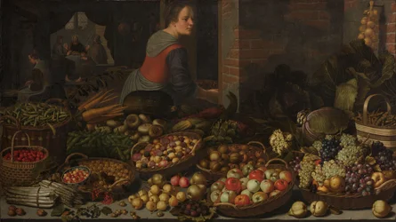 Nature morte avec fruits et légumes, avec le Christ à Emmaüs en arrière-plan