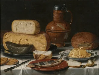 Nature morte au fromage, hareng, pain et vin