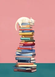Un chat bien au chaud sur des livres colorés