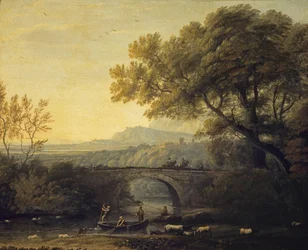 French :  Paysage avec un pont Landscape with a Bridge