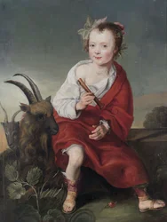 Une jeune fille ( ) avec une flûte et des chèvres