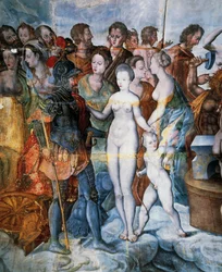 Henri II et Diane de Poitiers, fresques dans la tour dorée de Ligue, École de Fontainebleau, Château de Tanlay (16e-17e siècle), Bourgogne, France