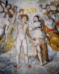 Mercure, messager des dieux et Psyché, Janus à droite, fresques dans la tour dorée de Ligue, École de Fontainebleau, Château de Tanlay (16e-17e siècle), Bourgogne, France