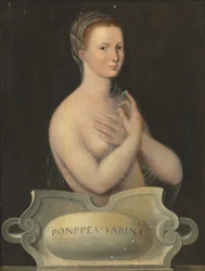 Portrait de Poppée Sabina, mi-longueur, dans un voile transparent, devant une cartouche en pierre
