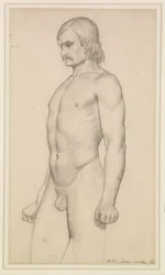 Nu masculin - Étude académique, nu de trois-quarts, avec moustache et poings serrés