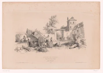 Ferme avec puits, charrette de foin et diverses figures (Cours de dessin. Paysages, figures, animaux, accessoires, par Férogi)