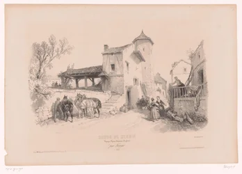 Rue de village avec chevaux et diverses figures