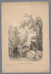 Groupe avec un âne devant un village de montagne italien (Études de figures dans un paysage)