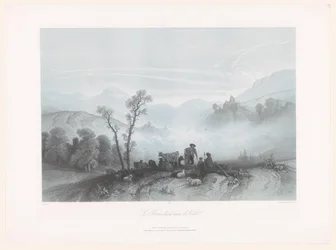 Bergers avec vaches et moutons dans une vallée brumeuse
