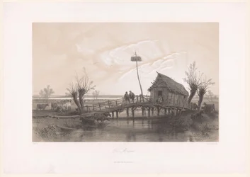 Paysage marécageux avec des vaches et des figures près d