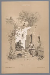 Parents avec enfants près de leur maison de village (Études de figures dans les paysages)