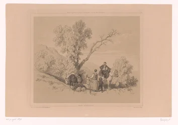 Rustende familie op reis in een berglandschap