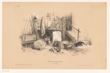 Étable avec un âne, un chat et une souris, Etude aux deux crayons, par Férogi (série)