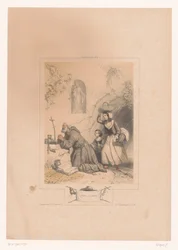 Femme et enfant visitant un ermite (Série: Motifs pour aquarelle)