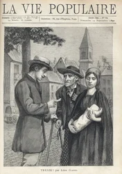Une nourrice tenant un nouveau-né emmailloté, accompagnée de son père, un vieux paysan, avec un regard déterminé, rencontre un homme de la bourgeoisie, qui lit attentivement un papier, sur la place d