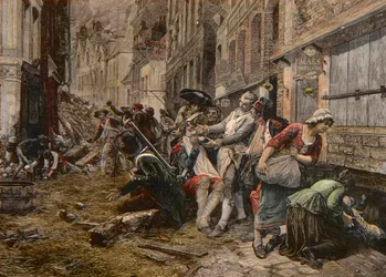 Un épisode du siège de Lille, octobre 1792 - Siège de Lille en 1792 : la perruque Maes utilisant un obus comme plat à barbe pour raser un client - gravure de Meaulle d
