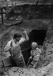 Illustration pour le roman "Les Misérables" de Victor Hugo (2e partie : Cosette), gravure par Meaulle : Fauchelevent et Jean Valjean