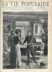 Dans un salon bourgeois, un homme se précipite vers la maîtresse de maison et lui saisit les mains, laissant tomber son chapeau par terre, sous le regard étonné d