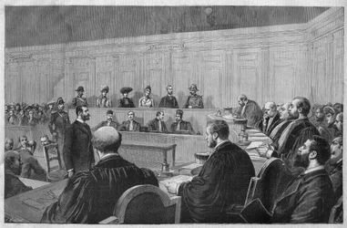 Le scandale de Toulon en 1891 : affaire Fouroux - Jonquières - la salle des assises, déposition des témoins - Gravure de Meaulle dans « Le journal illustré » de 1891