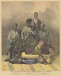 Membres de la mission du roi dahoméen Behanzin à Paris (lithographie couleur)