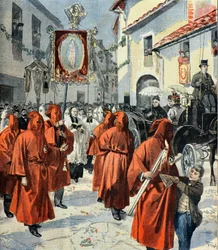 La reine Victoria assiste à la procession des pénitents rouges, Nice