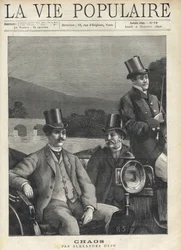 Deux hommes en costume et haut-de-forme montent dans un attelage de chevaux, conduit par un cocher. Ils se dirigent le long d