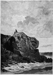 Victor Hugo en exil à Jersey en 1855, sur le Rocher des Proscrits. Gravure de Louis Fortuné Meaulle (1844-1901), dont Hugo disait : « Je pense, il grave ».