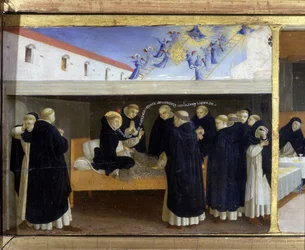 La mort de saint Dominique (1221) - partie inférieure (la prédelle) du « Couronnement de la Vierge », représentant le Christ au tombeau et six épisodes de la vie de saint Dominique, fondateur de l