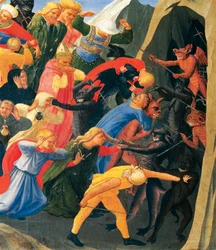 Enfer avec des démons organisant les damnés (détail)