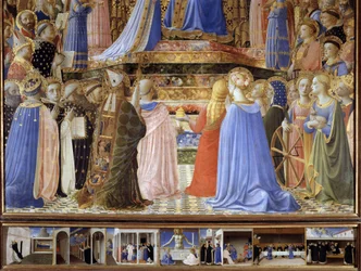 Le Couronnement de la Vierge. Détail des saints et des anges musiciens. En bas, l