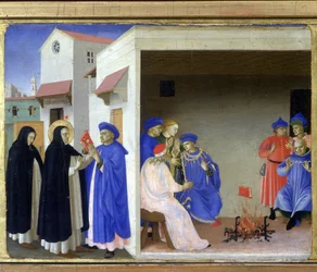 Le miracle de saint Dominique : le saint remet aux Albigeois le livre réfutant leur hérésie et les Albigeois tentent de le brûler sans succès - Prédelle du « Couronnement de la Vierge » par Guido di Pietro (ou Fra Giovanni da Fiesole), dit Fra Angelico