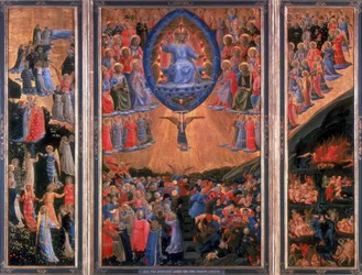 Le Jugement Dernier. Ciel à gauche, Enfer à droite. Christ siège en jugement dans le panneau central. Triptyque. Staatliche Museum, Berlin