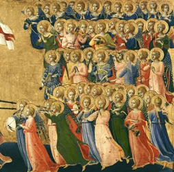 Christ glorifié dans la cour du ciel, détail des anges musiciens du côté droit, 1419-35 (détail)