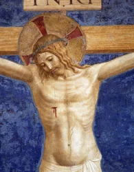 Le Christ crucifié. Inscription « INRI » sur la croix, détail