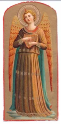 Estampe lithographique en couleurs : ange de Fra Angelico avec instrument de musique, vers 1910