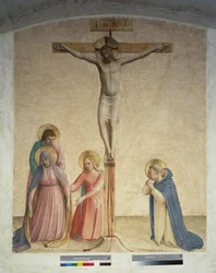 Crucifixion avec la Vierge Marie et saint Dominique. Inscription "INRI" sur la croix