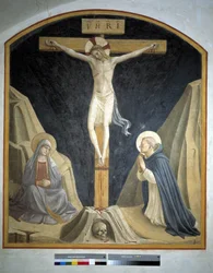 Crucifixion avec la Vierge Marie et Saint Dominique. Inscription "INRI" sur la croix, 1442