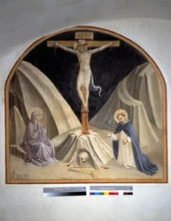 Crucifixion avec la Vierge Marie et Saint Dominique. Inscription "INRI" sur la croix, 1442