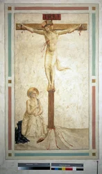 La crucifixion avec Saint Dominique. Inscription "INRI" sur la croix. Fresque de Guido di Pietro
