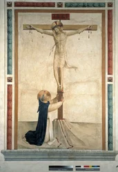 La crucifixion avec Saint Dominique. Inscription "INRI" sur la croix, 1442